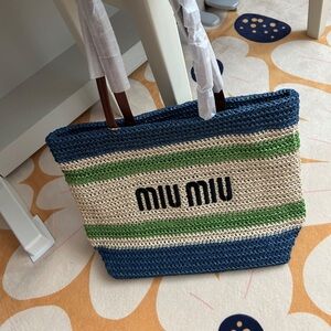 Miu Miu Blue and Green Striped Tote Bag